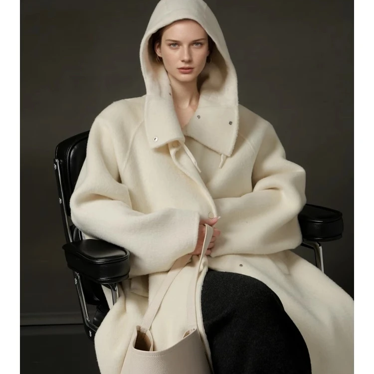 露露专属-连帽羊驼绒大衣女宽松中长款双面羊毛呢子外套PI24A0379