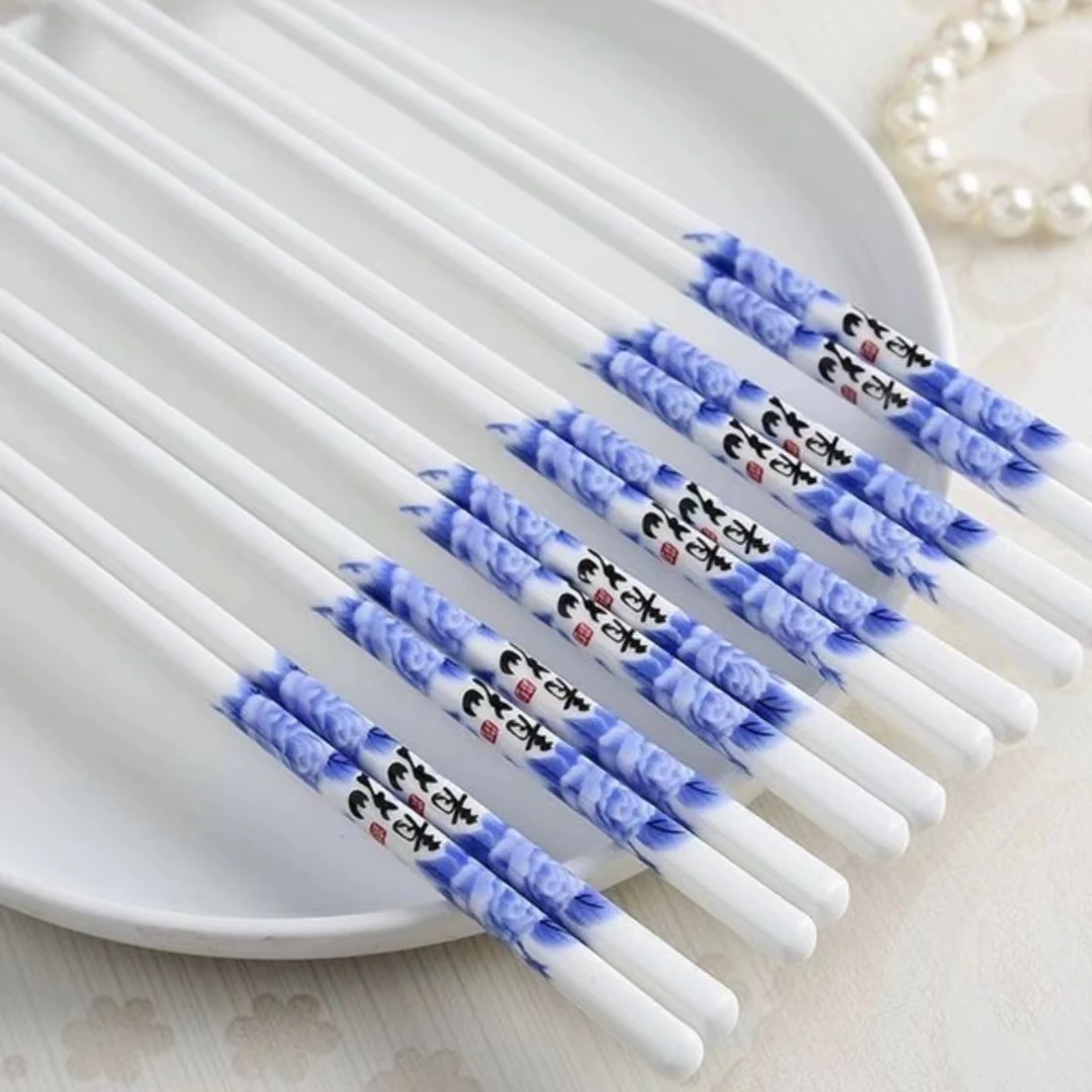 陶瓷筷子青花夏菊防滑中国风古韵高档网红长款家用酒店不发霉中式