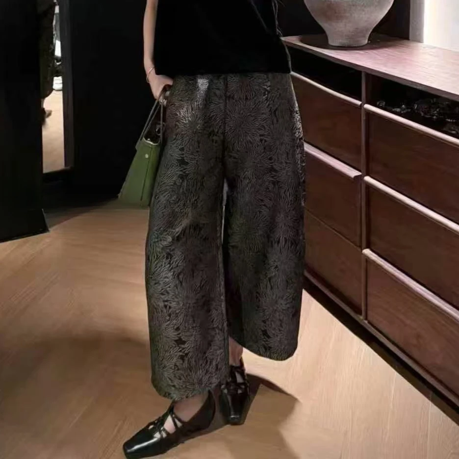 80155 阔腿裤提花花纹薄款新中式休闲裤蕾丝显瘦中式
