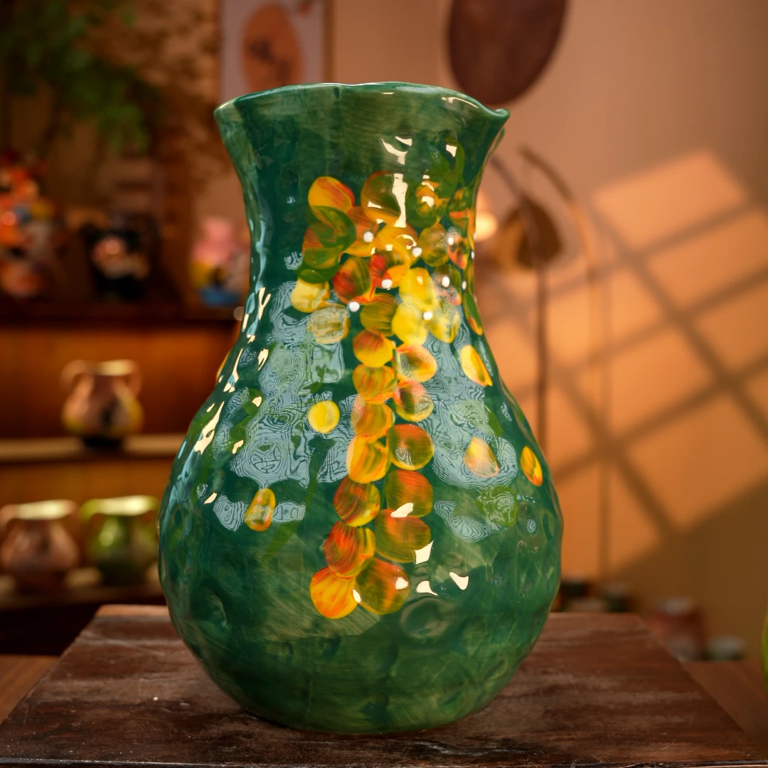 手绘孔雀绿紫藤钱袋子花器景德镇新中式陶瓷家用精美081