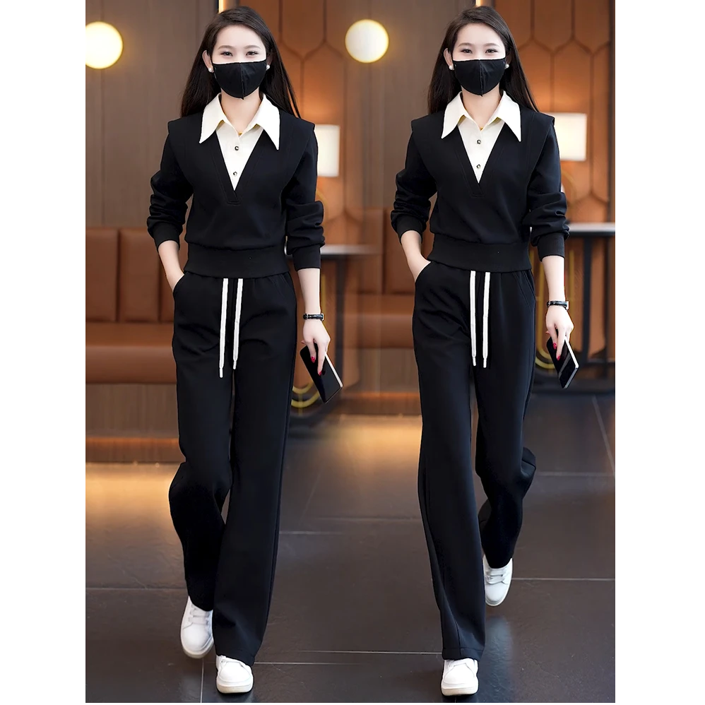 POLO领假两件拼接卫衣直筒裤两件套女春秋新款时尚休闲运动服套装