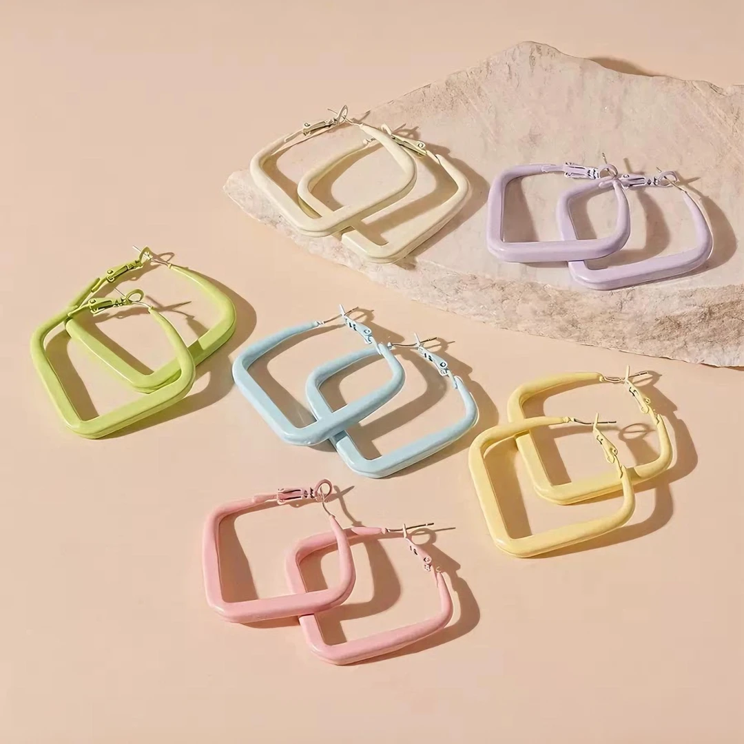 钛钢珐琅耳饰 925银针彩色多巴胺几何耳圈奶油色韩系显脸小耳环