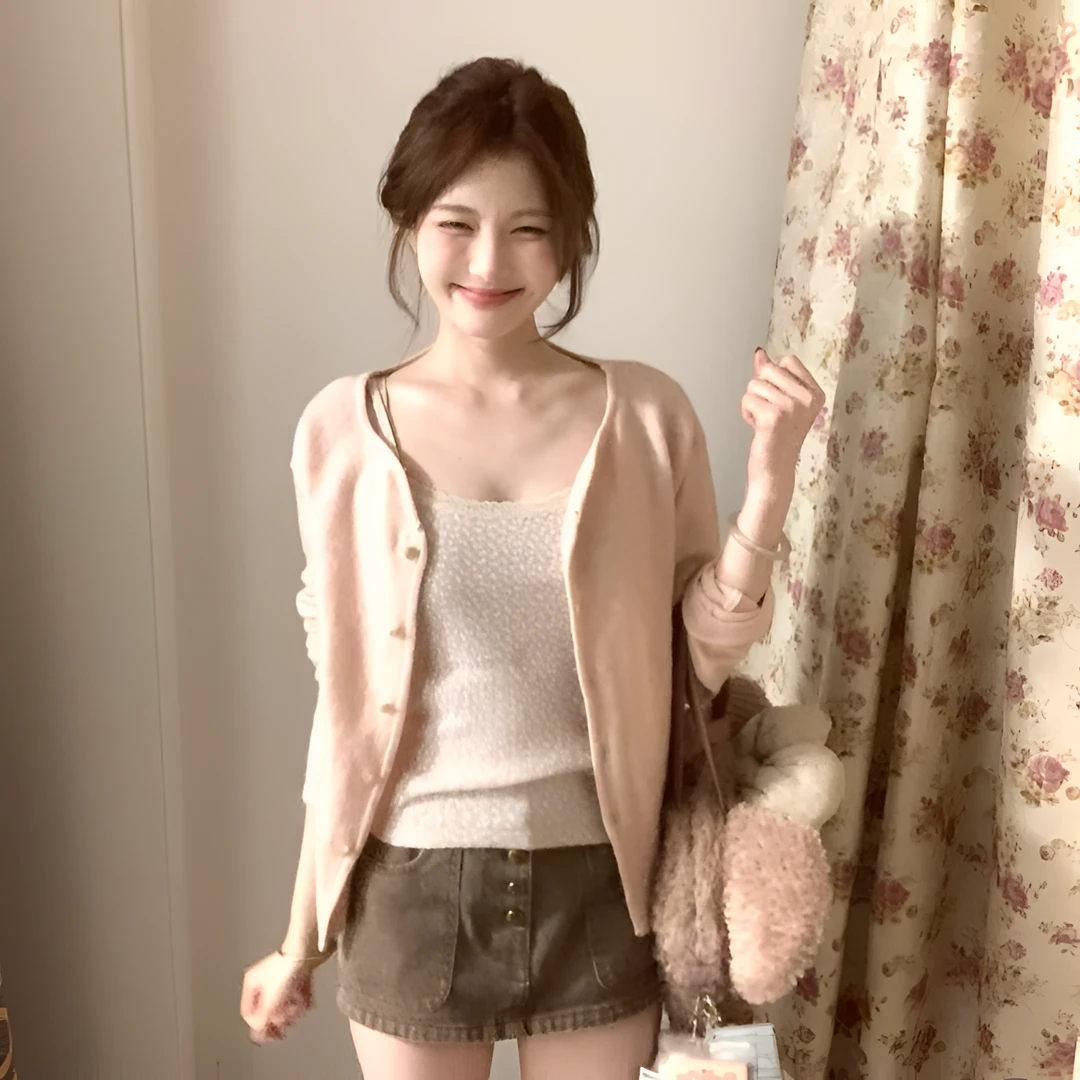 纯欲风粉色针织衫开衫外套女春秋新款长袖chic上衣修身显瘦百搭潮