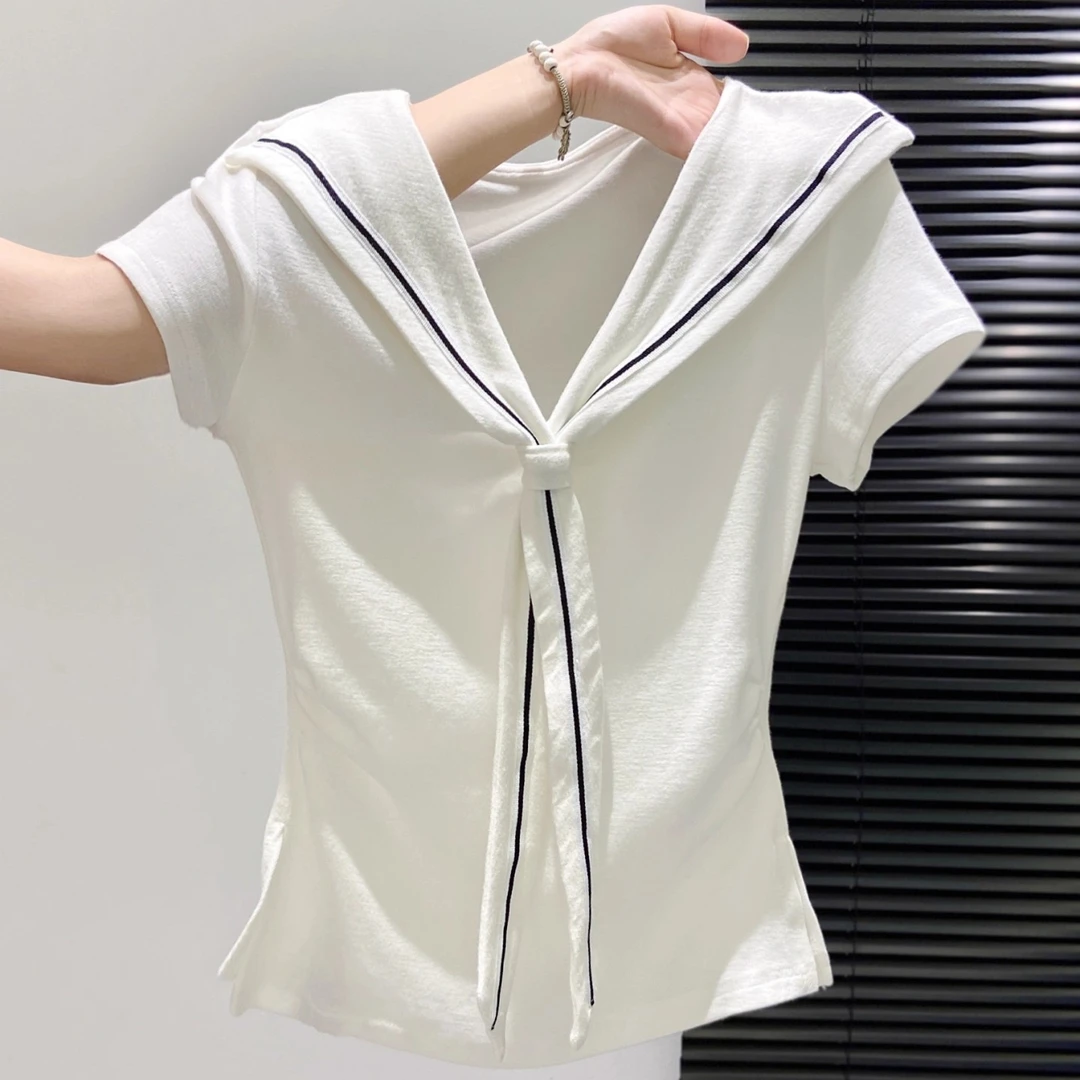 大码胖mm设计感海军领短袖T恤女士夏季新款收腰显瘦正肩套头上衣