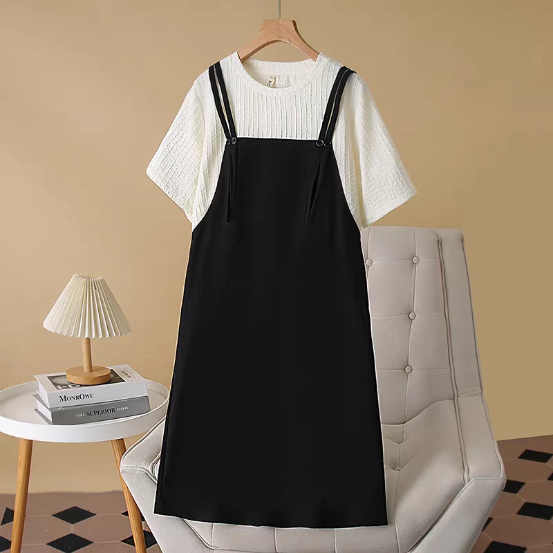 7071时尚撞色拼接宽松假两件短袖连衣裙