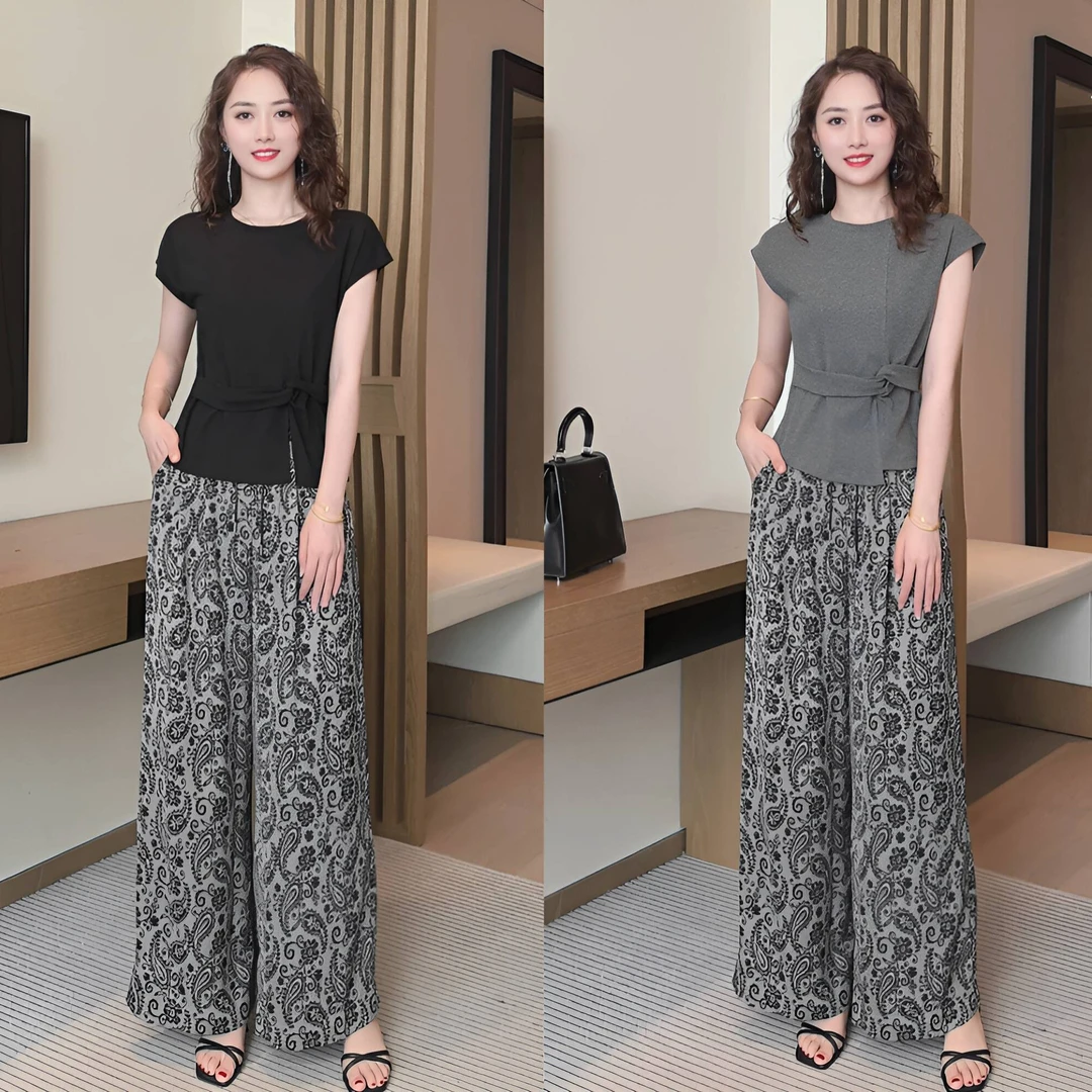 夏季新品套装2025薄款女装宽松时尚印花T恤阔腿裤两件套减龄显瘦