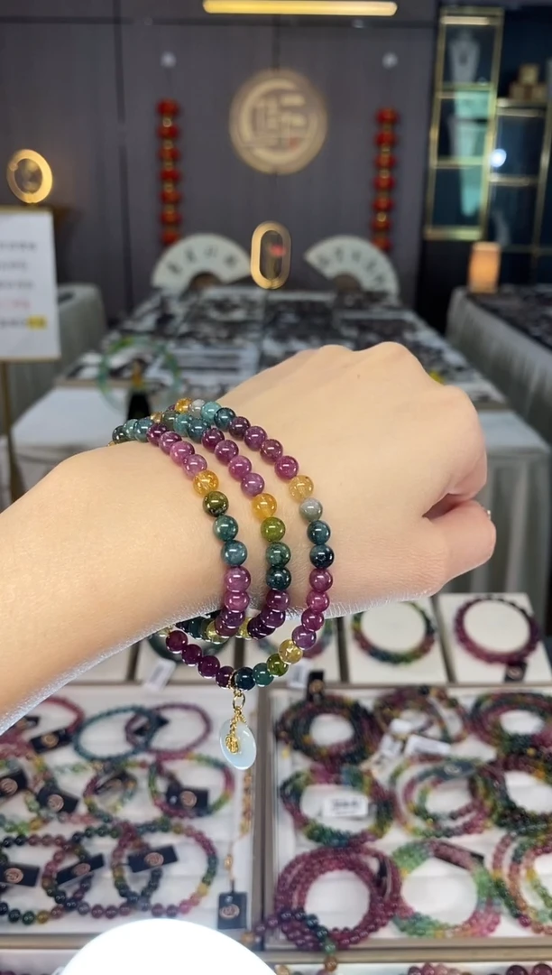 未镶嵌老矿碧玺色标彩虹三圈手串5mm+碧玺dan多样性发货一条