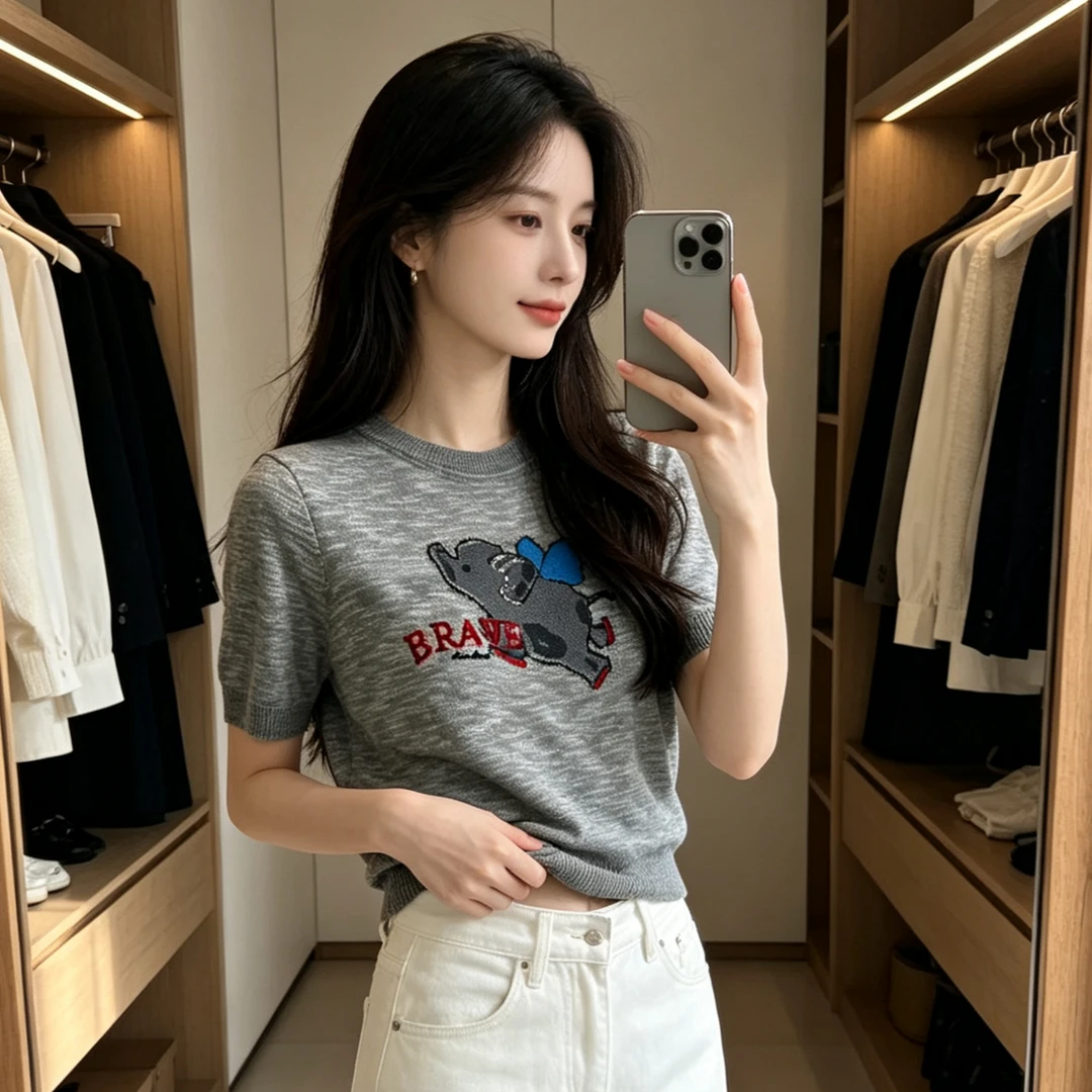 5750灰#短款修身减龄小飞象图案针织上衣夏季新款