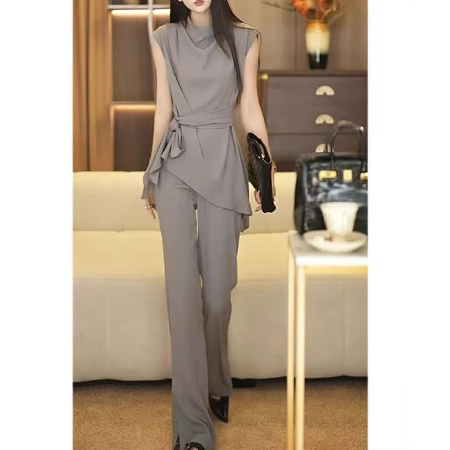 夏季新款高端千金穿搭轻奢高级感气质小香风灰色上衣套装裤2025