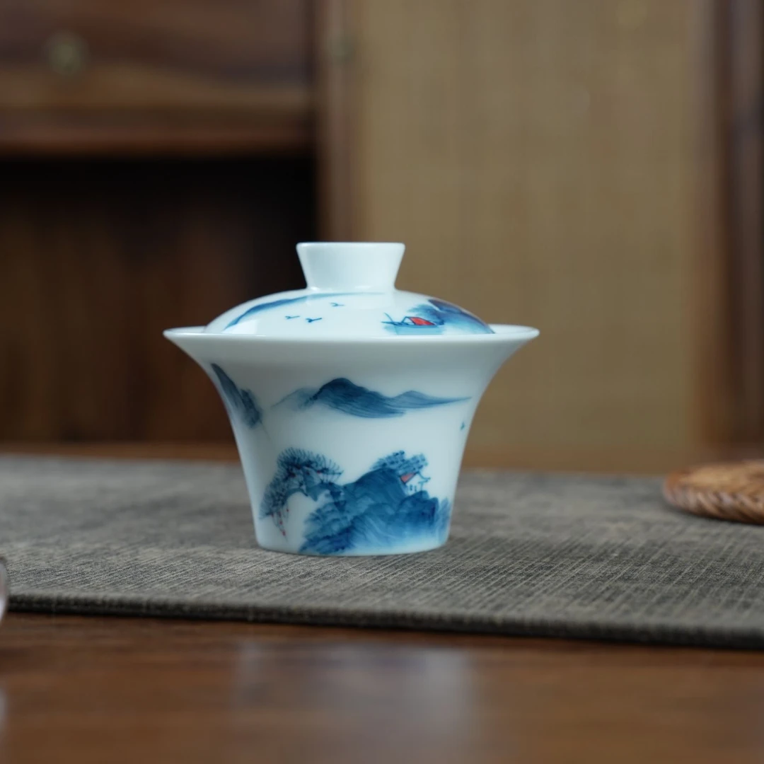 纯手工手千里江山二才马蹄盖碗