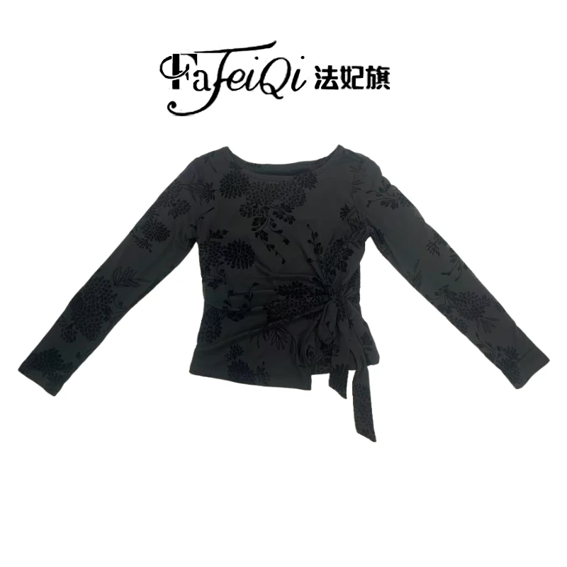【墨影繁花】绑带碎花女植绒波浪LOGO紧身T恤时尚套装蕾丝网红