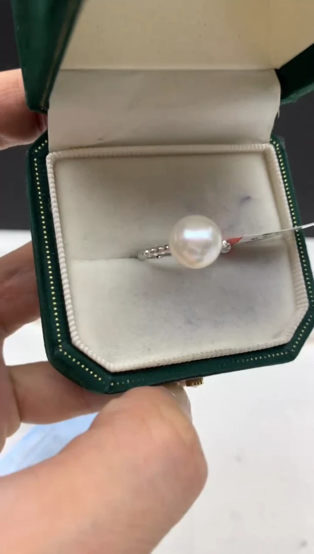 银S925镶嵌ff淡水珍珠白珠戒指9~10mm