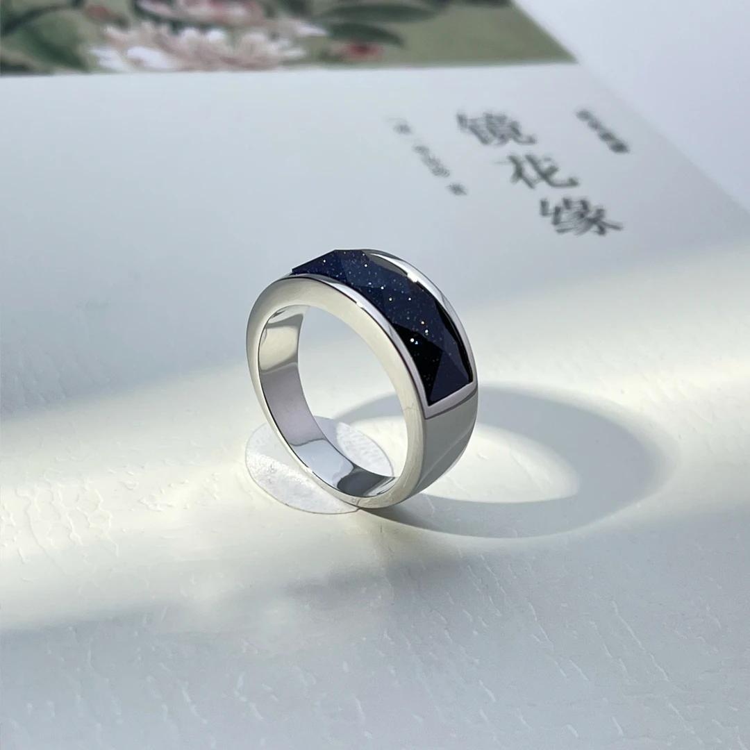 钛钢戒指 蓝沙锆石切割面星辰戒指不掉色设计感个性时尚男士指环