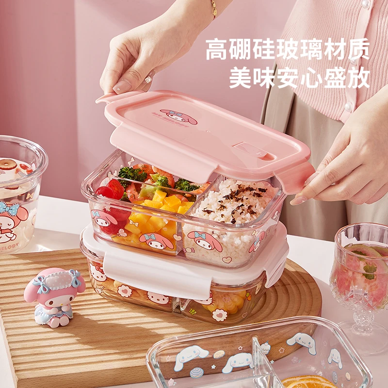 三丽鸥玻璃饭盒微波炉加热专用保鲜碗上班族分隔便当带盖汤碗餐具