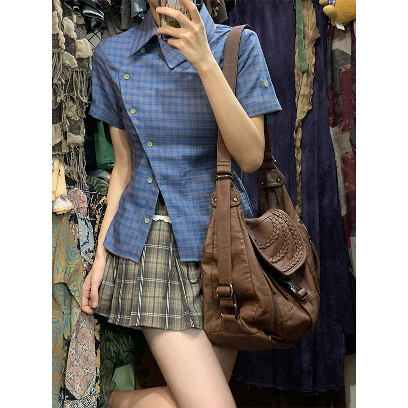 蓝色格纹短袖衬衫女夏季时尚百搭学院风复古设计感小众衬衣上衣潮
