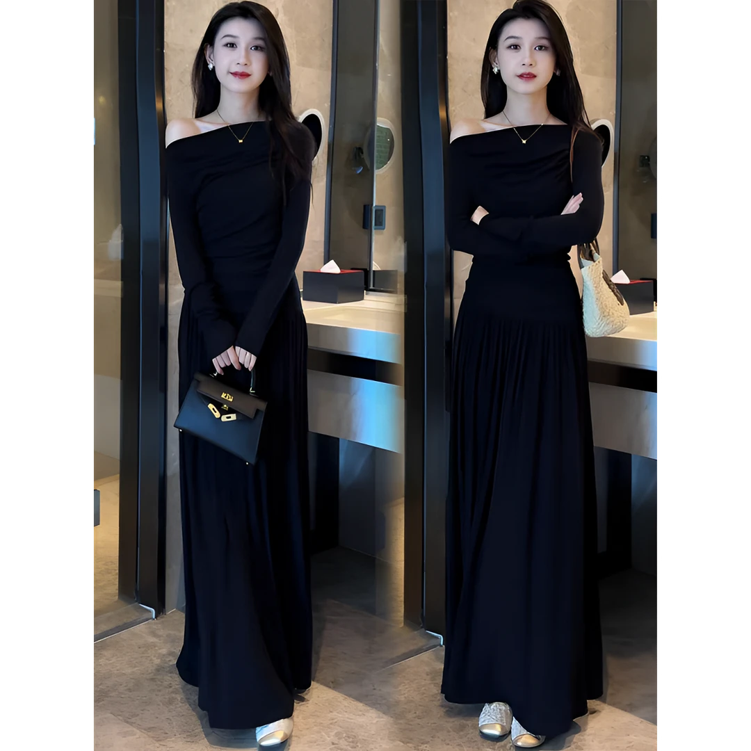 时尚套装女秋季新款洋气显瘦一字肩长袖上衣高腰半身裙时髦两件套