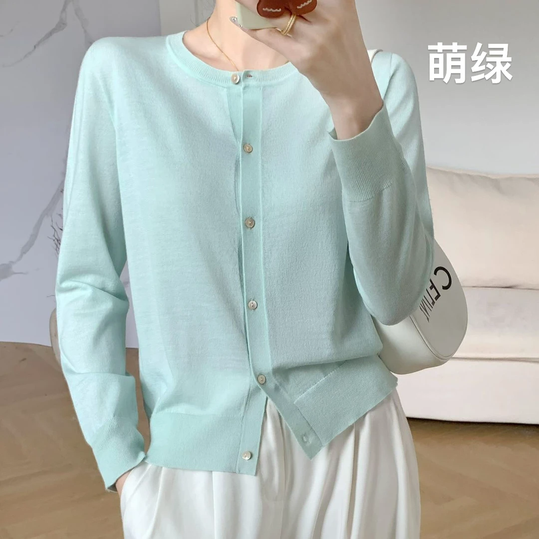 【甄织】2025精纺可机洗女薄款针织开衫百搭防晒空调衫纯色圆领6051