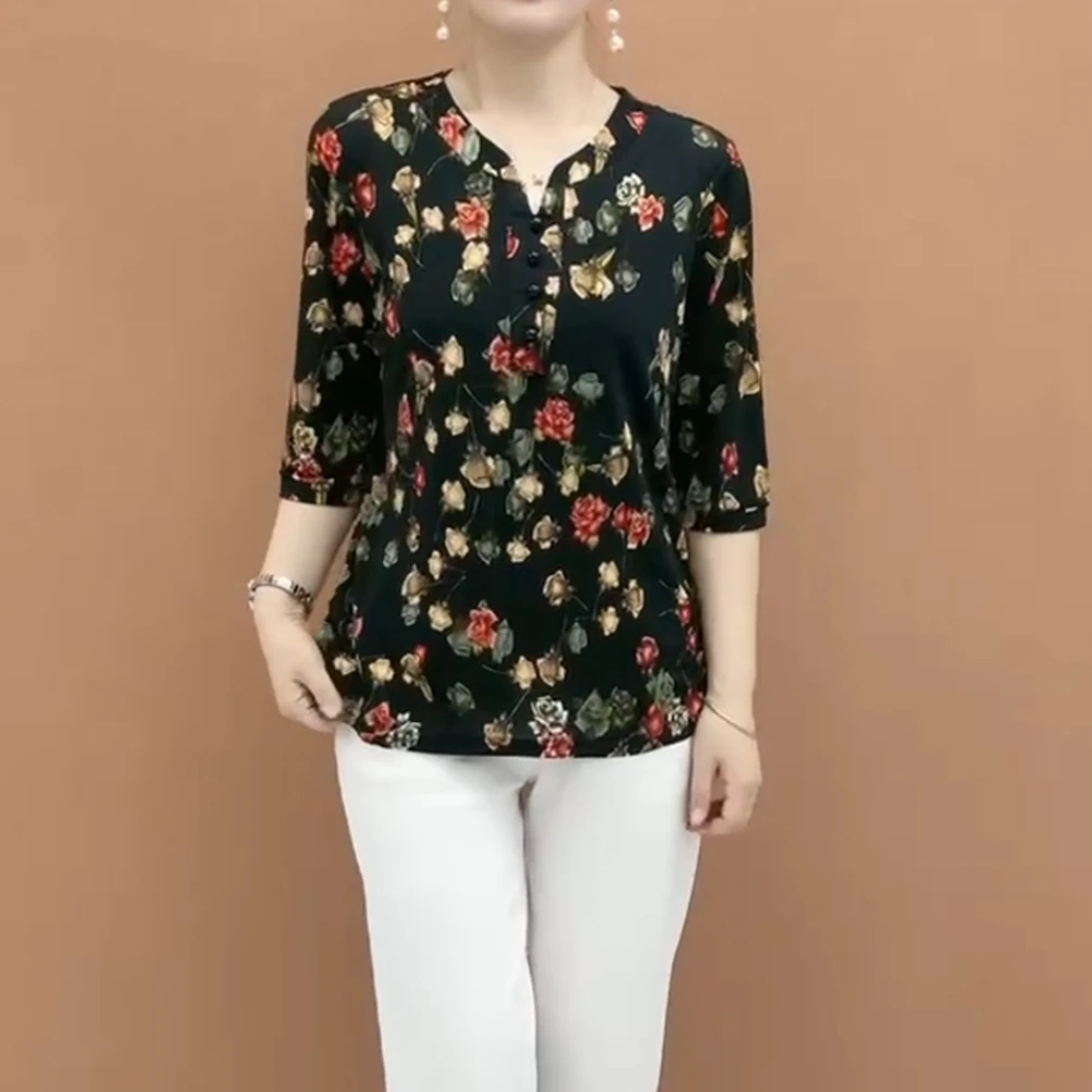 夏季新款时尚百搭妈妈衬衣高档高贵中年玫瑰印花宽松显瘦上衣女装