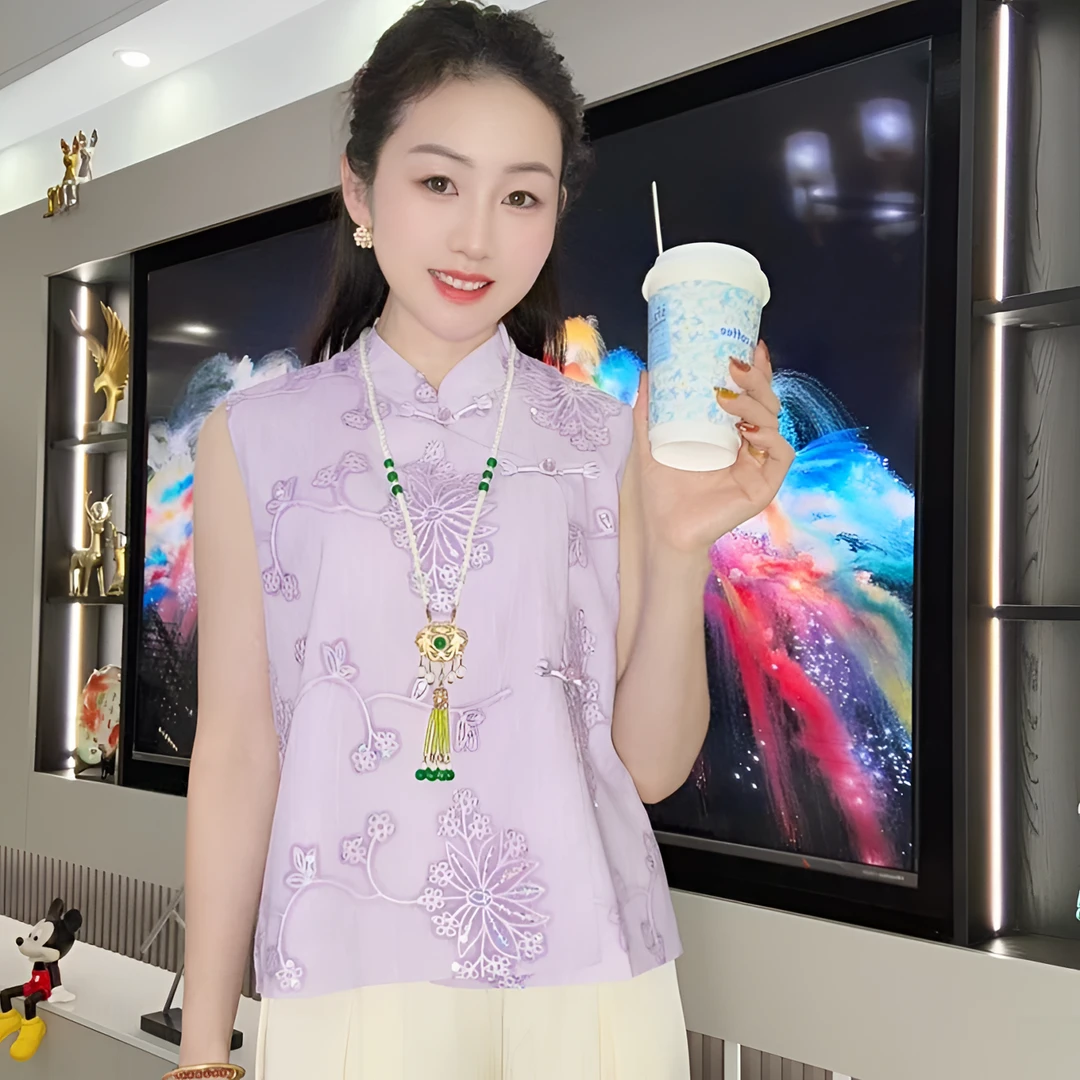 百搭提花夏季流苏透气立领女马夹马甲印花时尚新中式