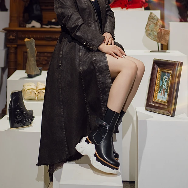 KING PING原创设计师品牌时尚真皮女士中筒靴圆头厚底秋冬B367H26