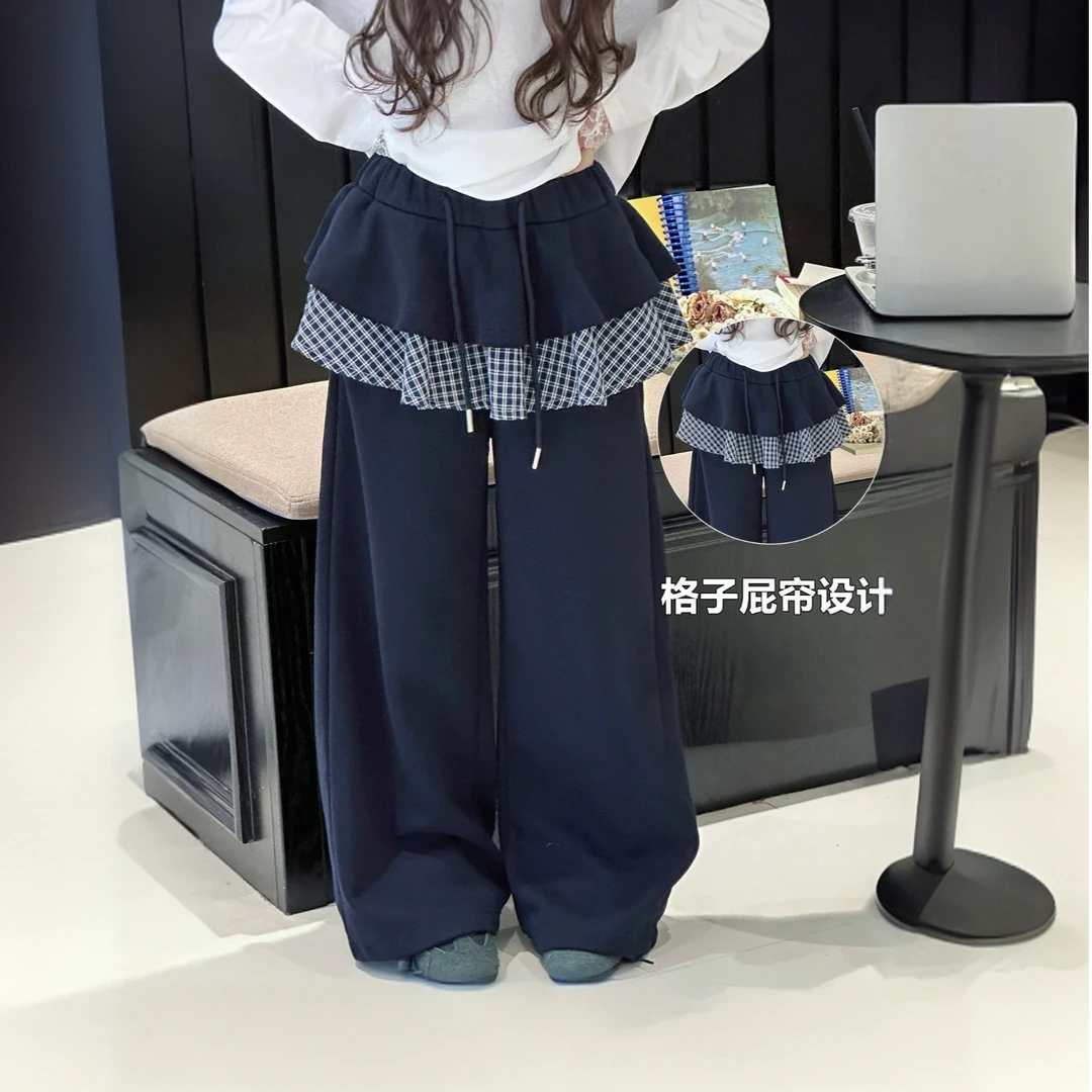 女童2025秋新款中大女童格子拼接屁帘假两件阔腿宽松直筒裤253101