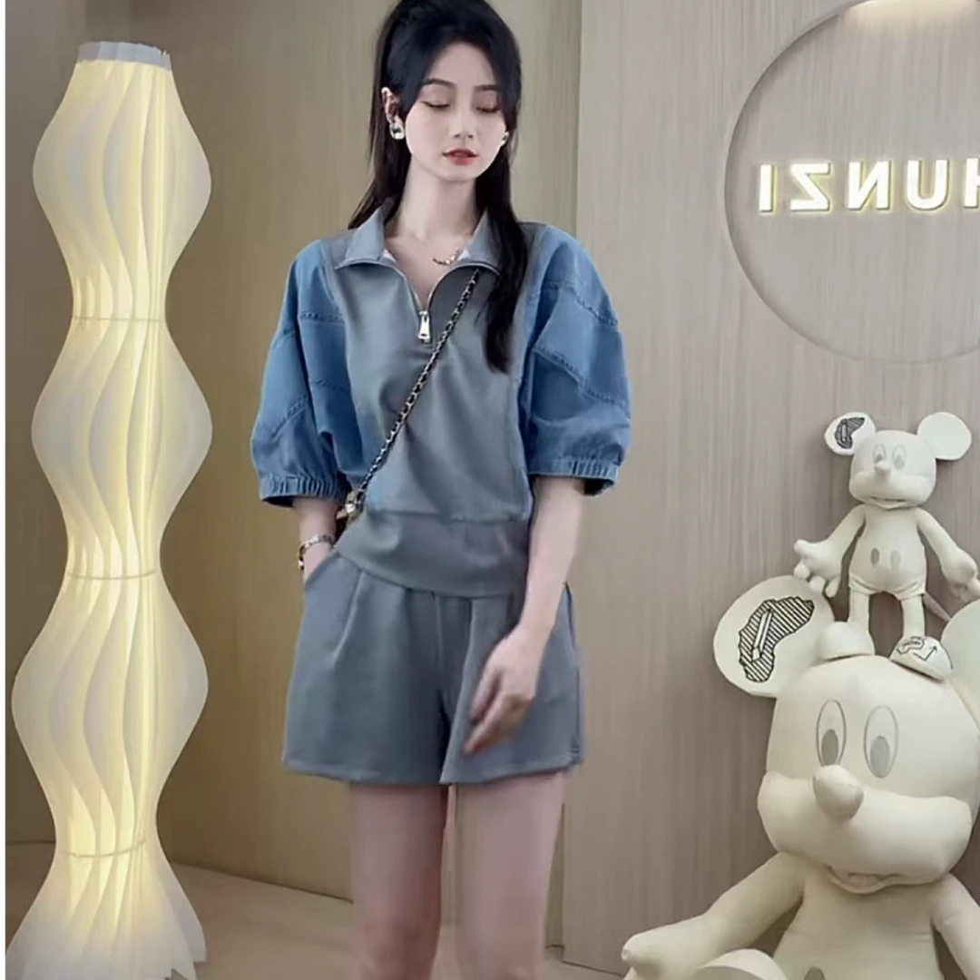 百搭拼接牛奶丝牛仔短袖上衣（清货不退换）