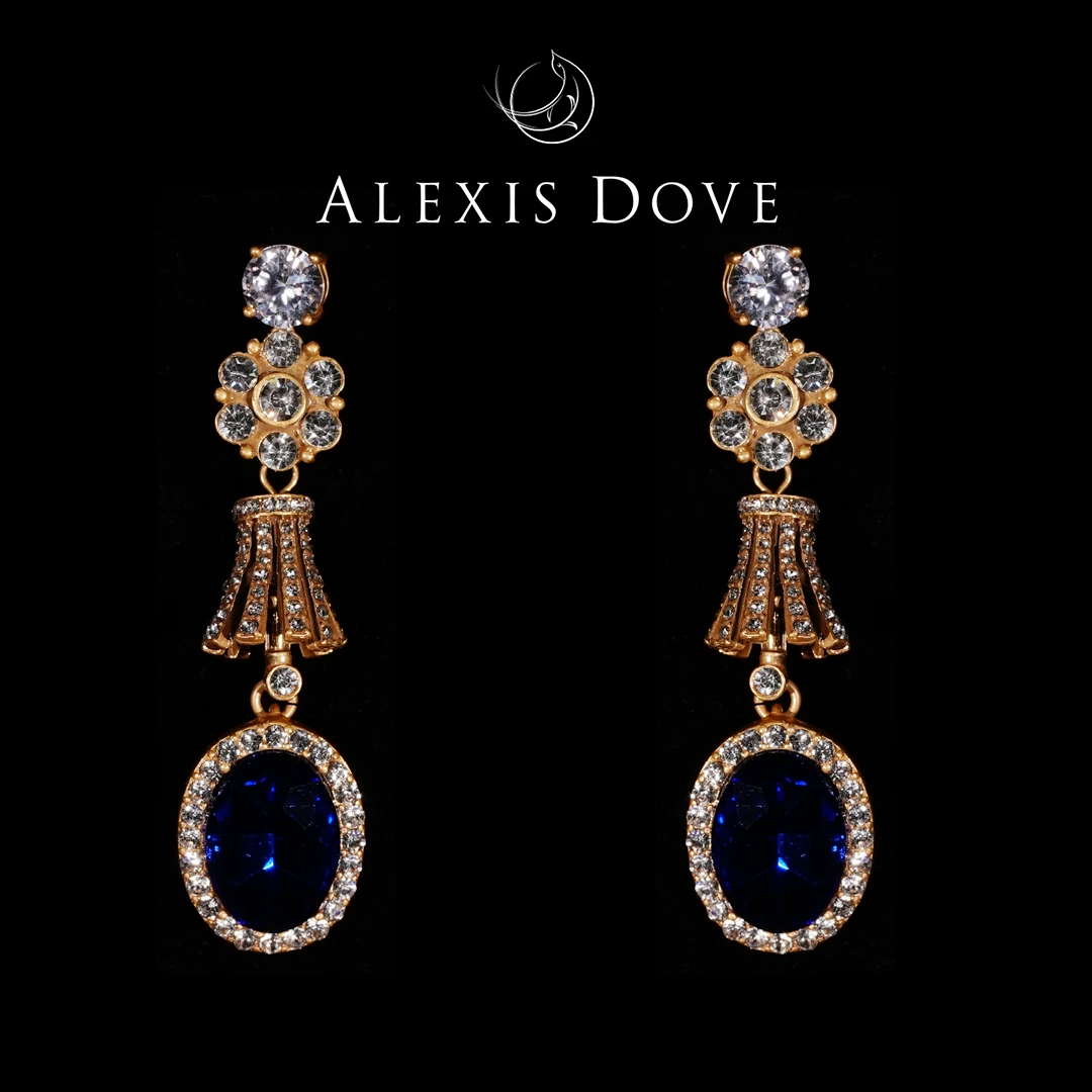 铜合金合成锆石耳饰 复古西洋满镶蓝色水滴花朵耳钉【乐亿】