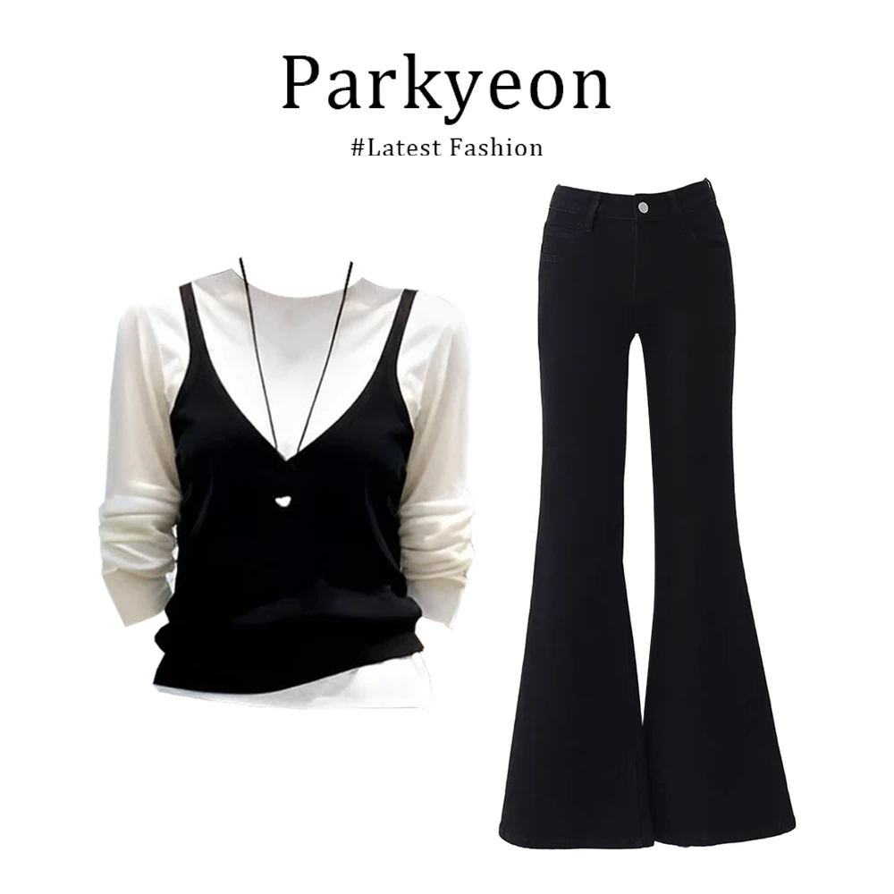 韩系慵懒风打底衫上衣叠穿吊带背心黑色五分裤套装