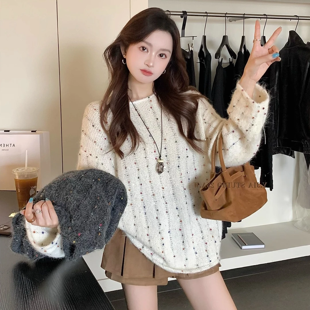 设计感小众别致重工亮片针织衫女秋冬季宽松慵懒风显瘦打底衫毛衣