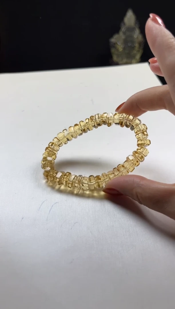 未镶嵌手链黄晶R***.天然黄水晶烟花切面手串9mm