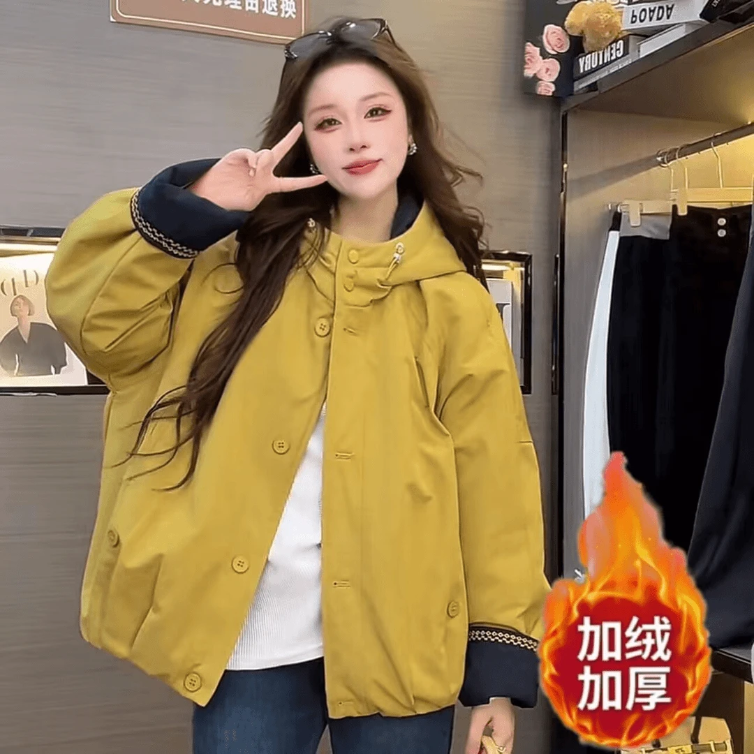 加绒加厚2025冬季新款宽松韩版连帽派客服外套女休闲棉衣棉服