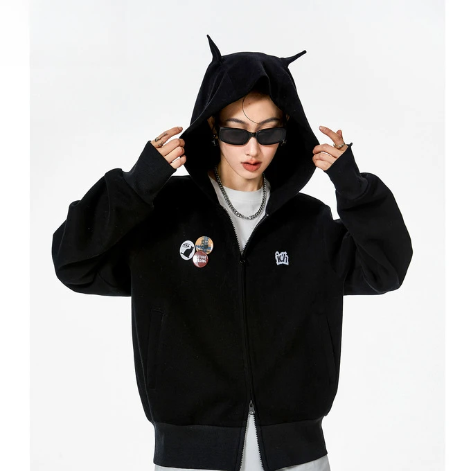 ICH MODE连帽设计双拉链短款开衫卫衣长袖运动时尚休闲情侣宽松