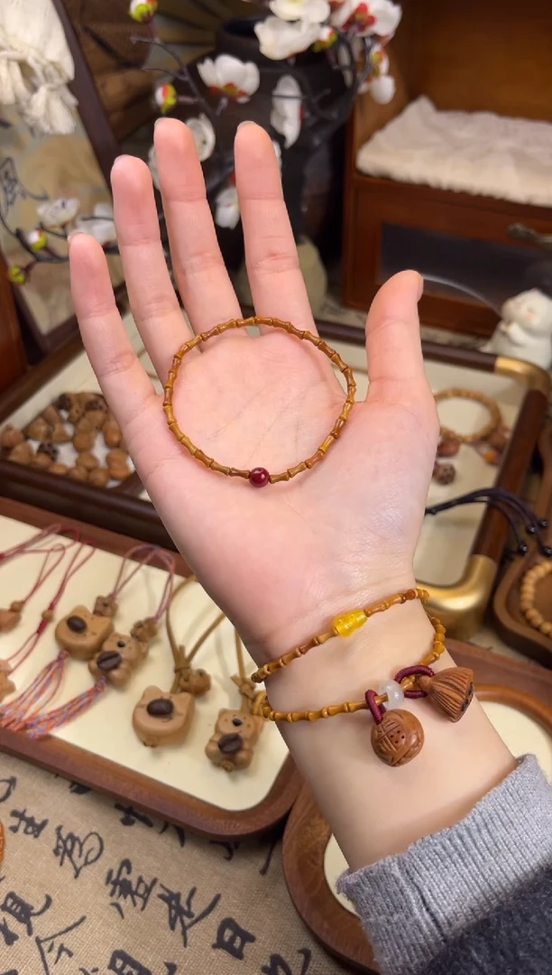 手串桃核【桃缘行】竹节「红色莎莎」桃木桃核辟、挡、驱、护 备注手围