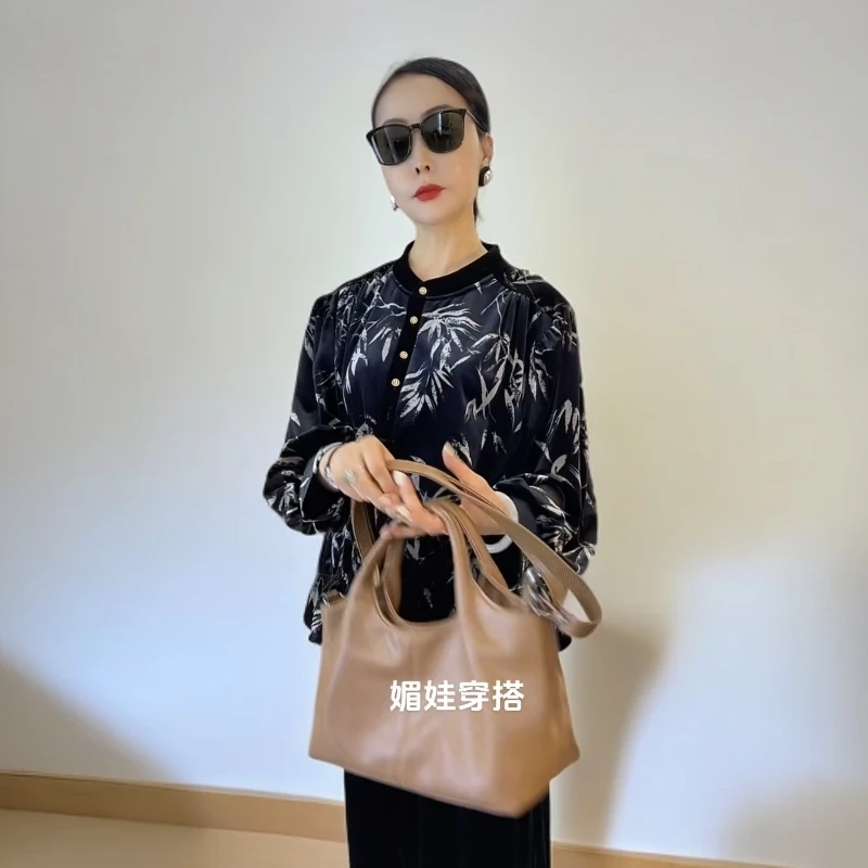 80145高档阔太太丝绒烫金竹叶T恤秋季大码上衣