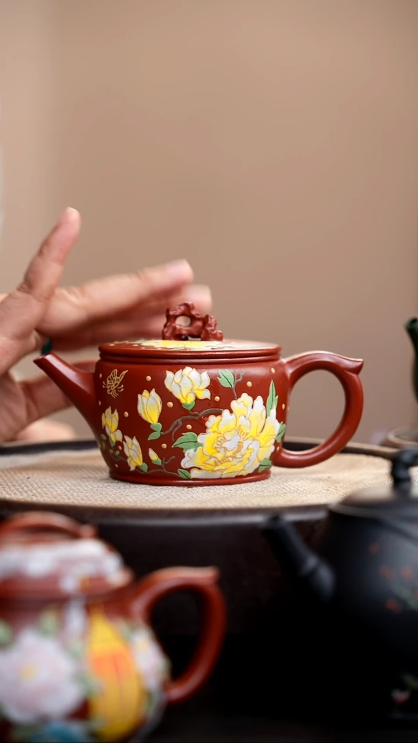 茶壶紫砂朱泥太湖石汉瓦金丝牡丹012