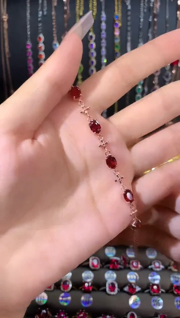 银S925镶嵌手链石榴石玫瑰金