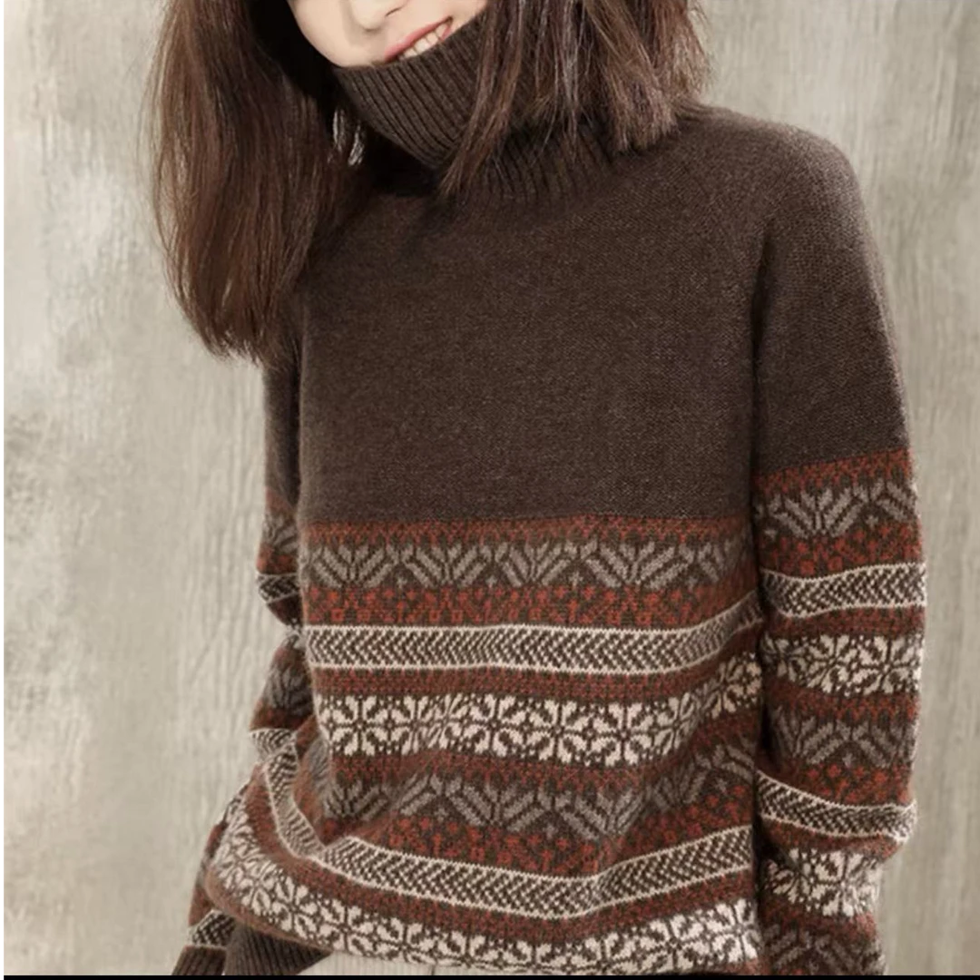 7680-前短后长（高领摩卡）条纹雪花加厚毛衣