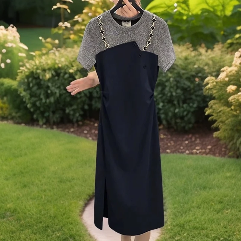 双肩设计拼接假两件连衣裙女2025夏季新款收腰显瘦气质开叉中长裙