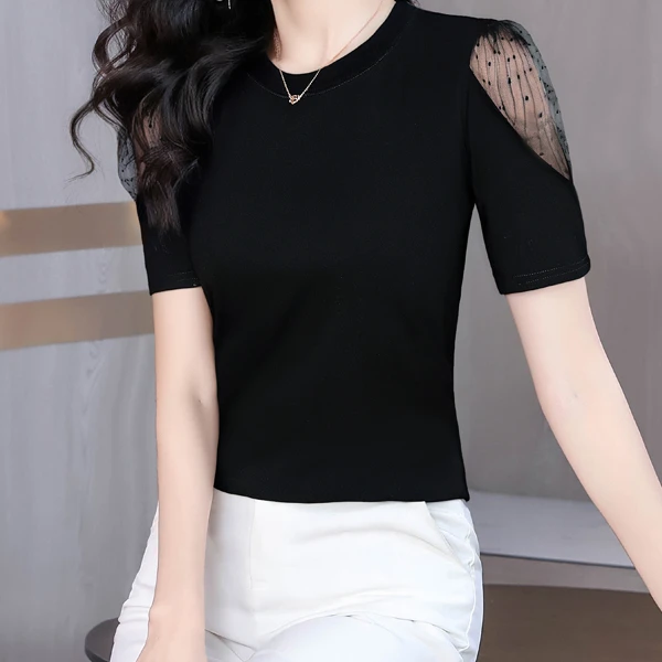时尚轻奢网纱短袖T恤女装夏季新款洋气减龄遮肉显瘦妈妈装上衣女