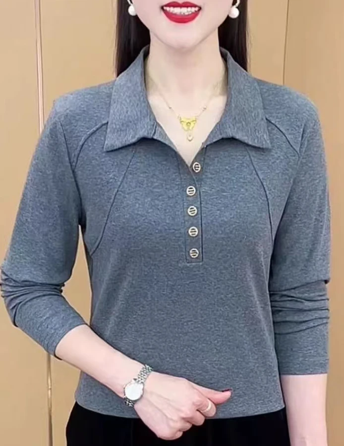 B607#时尚POLO领竖条净色显瘦百搭上衣（L~5XL 90~160斤）