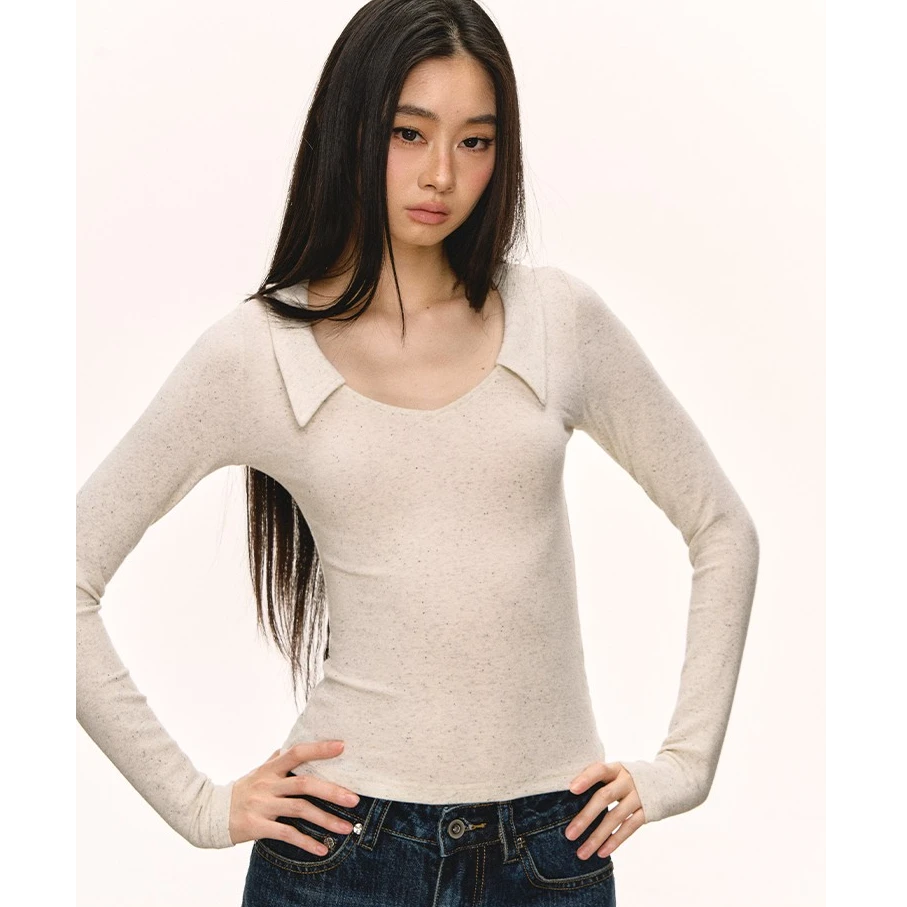 anna aneae翻领打底衫女早秋季新款巨好看修身显瘦正肩长袖上衣潮