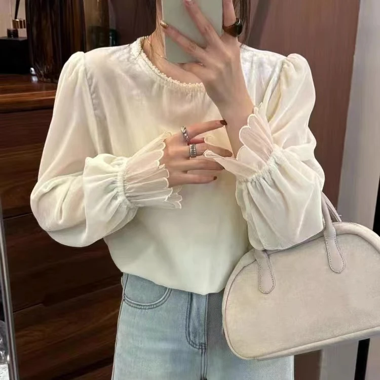 网红同款2025春季新款圆领耸肩袖口拼接粉色丝绒高级感小衫三色
