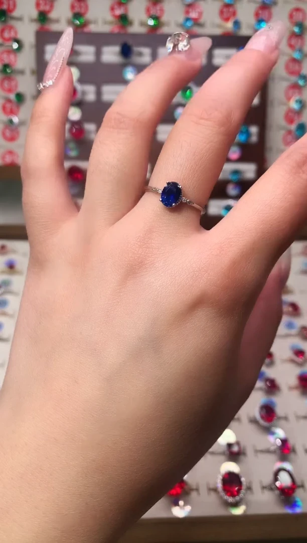 戒指蓝宝石银S925镶嵌5*7 银托