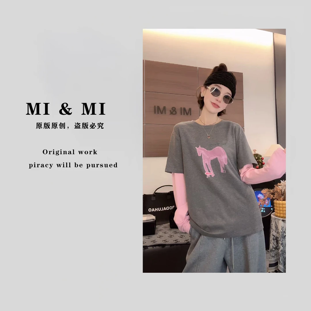 【米米服饰】2025秋冬上新"精梳棉”圆领小马休闲印花T恤 2502-436