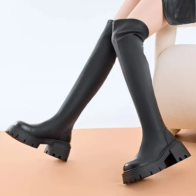 加绒时尚百搭厚底简约显瘦增高过膝减龄长筒靴3136-3