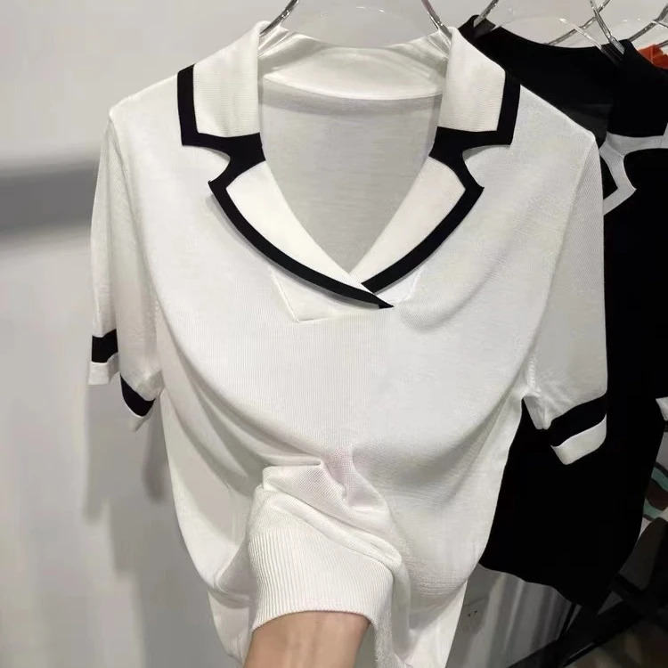 法式翻领撞色扬子纱+超细羊毛短袖女薄款宽松显瘦气质针织衫上衣