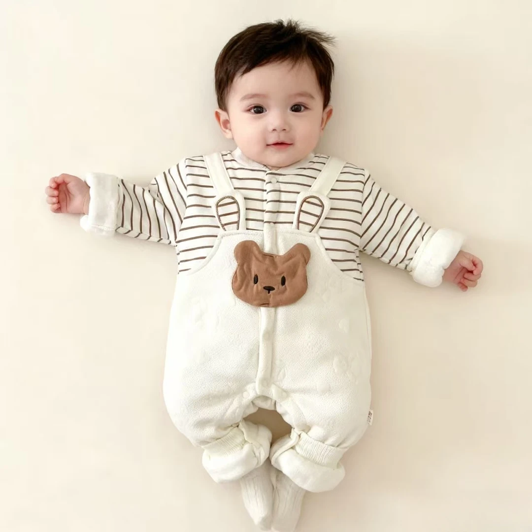 MR冬款条纹小熊棉哈衣婴幼儿卡通男女宝压花可爱哈服外出服连体衣