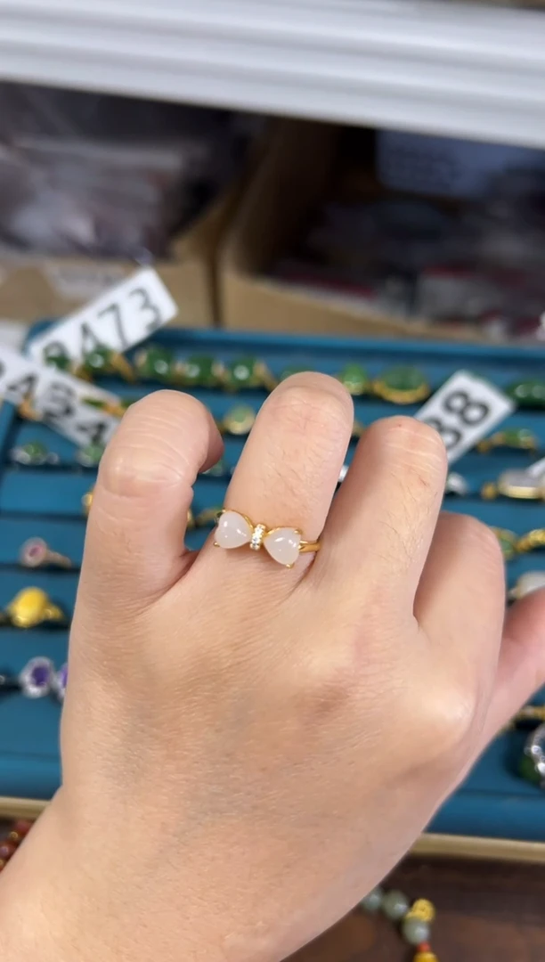 银S925镶嵌戒指和田玉和田玉冰藕粉蝴蝶结银戒指[2490]