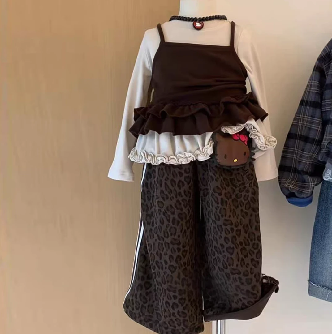 女童秋季新款套装洋气豹纹裤女宝宝2025新款百搭吊带上衣三件套