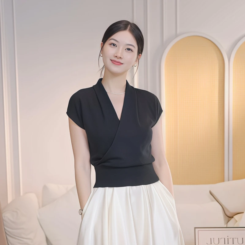 针织时尚休闲风V领显瘦修身设计百搭通勤温柔米色女衬衫JL3818